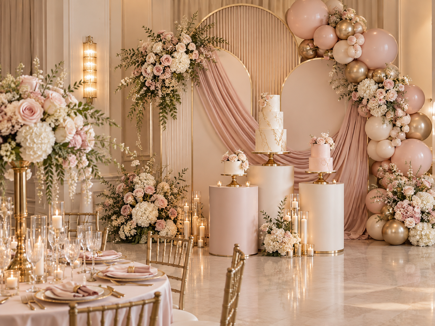 Blush and gold backdrop, florals and balloon décor by Fine Rise