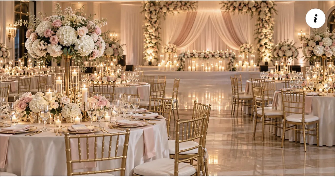 Elegant blush, ivory and gold wedding reception with floral centerpieces and candlelight