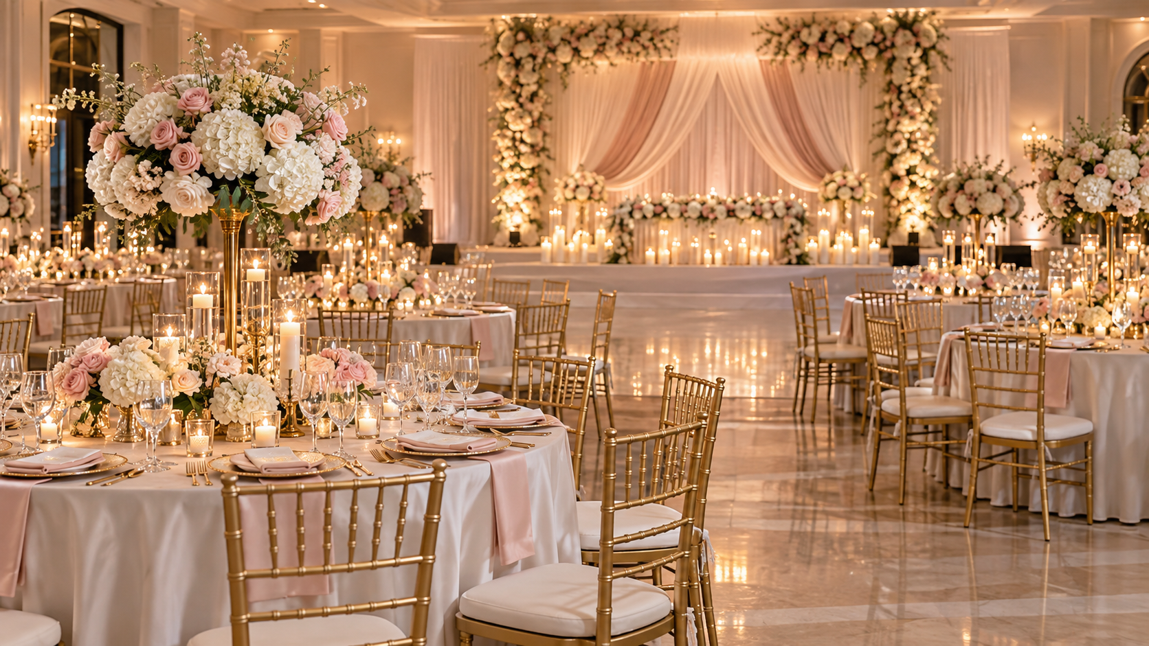 Elegant blush, ivory and gold event reception styled by Fine Rise Events & Decor